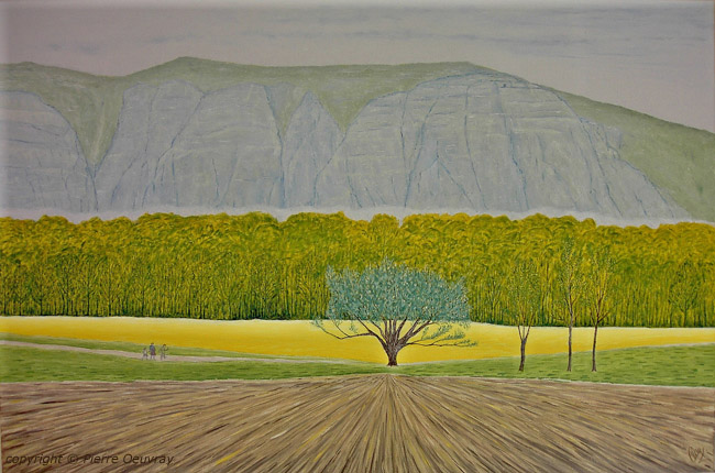 Colza and freshly plowed Fields in the Countryside of Geneva. Oil painting on canvas. 