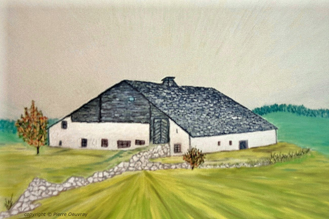 Jura farm-house in the Region  "Les Franches-Montagnes" landscape of Switzerland, Oil Painting