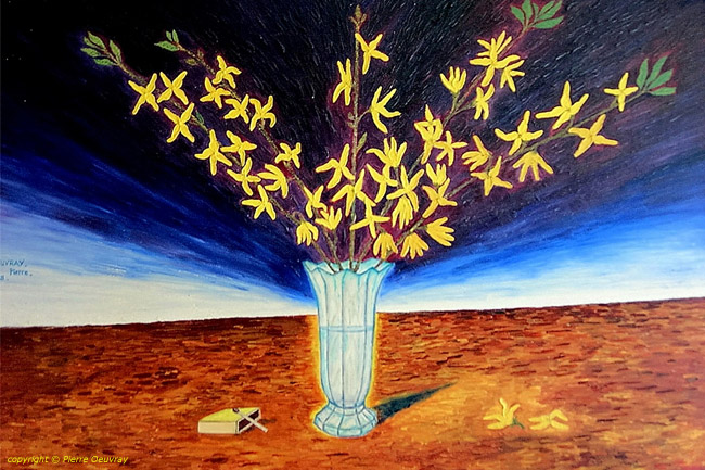 Forsythia, Flower, Oil Painting with Knife on Canvas