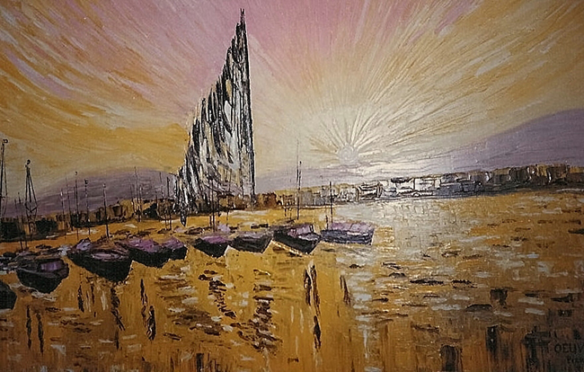 Geneva Sundown, Oil Painting on Canvas, with Knife