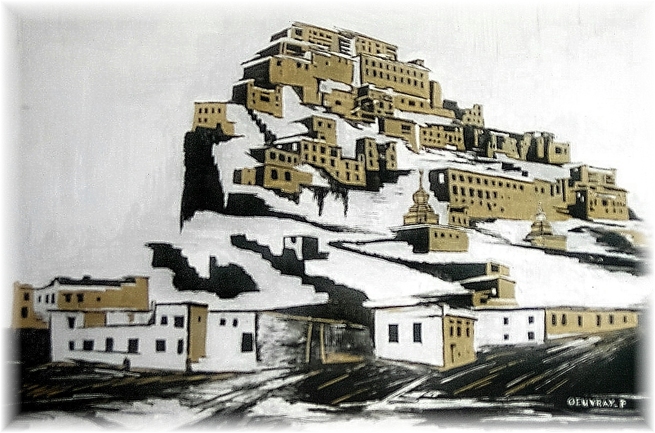 Laddak, tibetan Village, Metallized Painting, Serie Silver and Gold