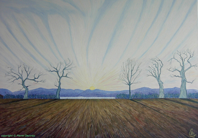 Les Evordes - Côté Jura - Campagne Genevoise - Soleil d'Hiver - Peinture à l'Huile - Pierre Oeuvray