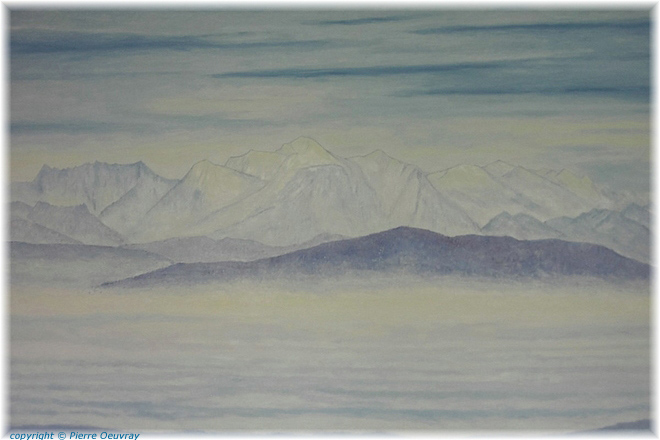 Mont Blanc at Sundown, Sea of Fog, covering the Lake of Geneva, Oil Painting   